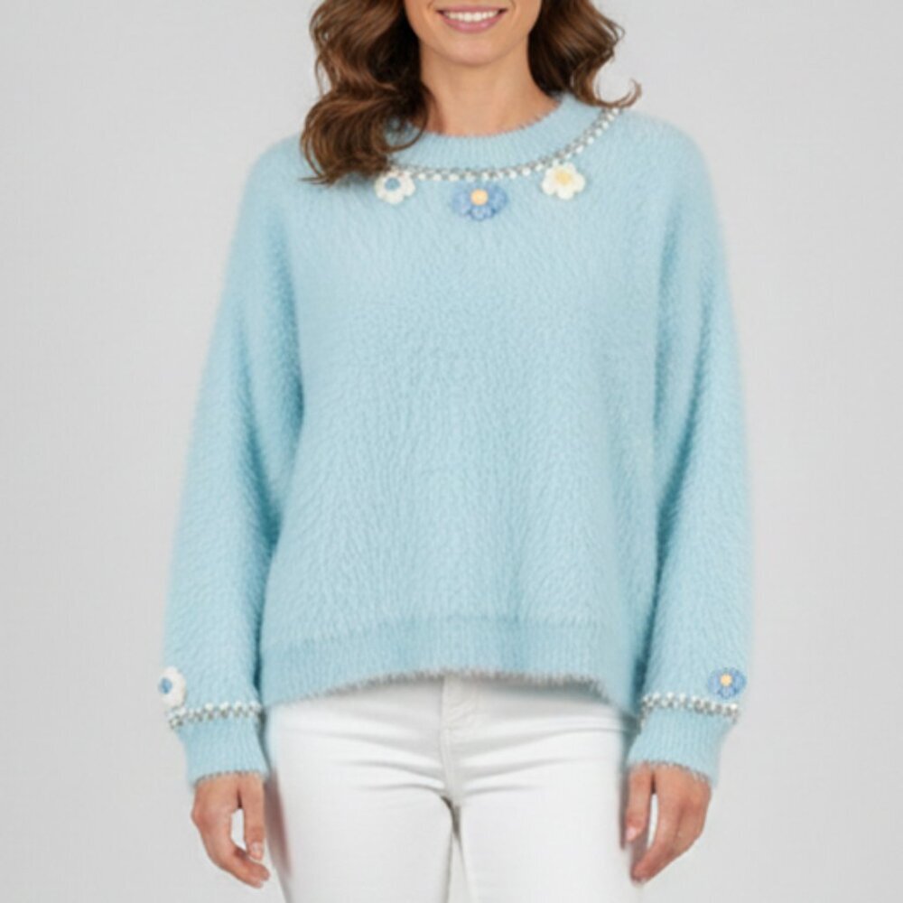 Fluffy Embroidered Floral Oversized Sweater OS‎